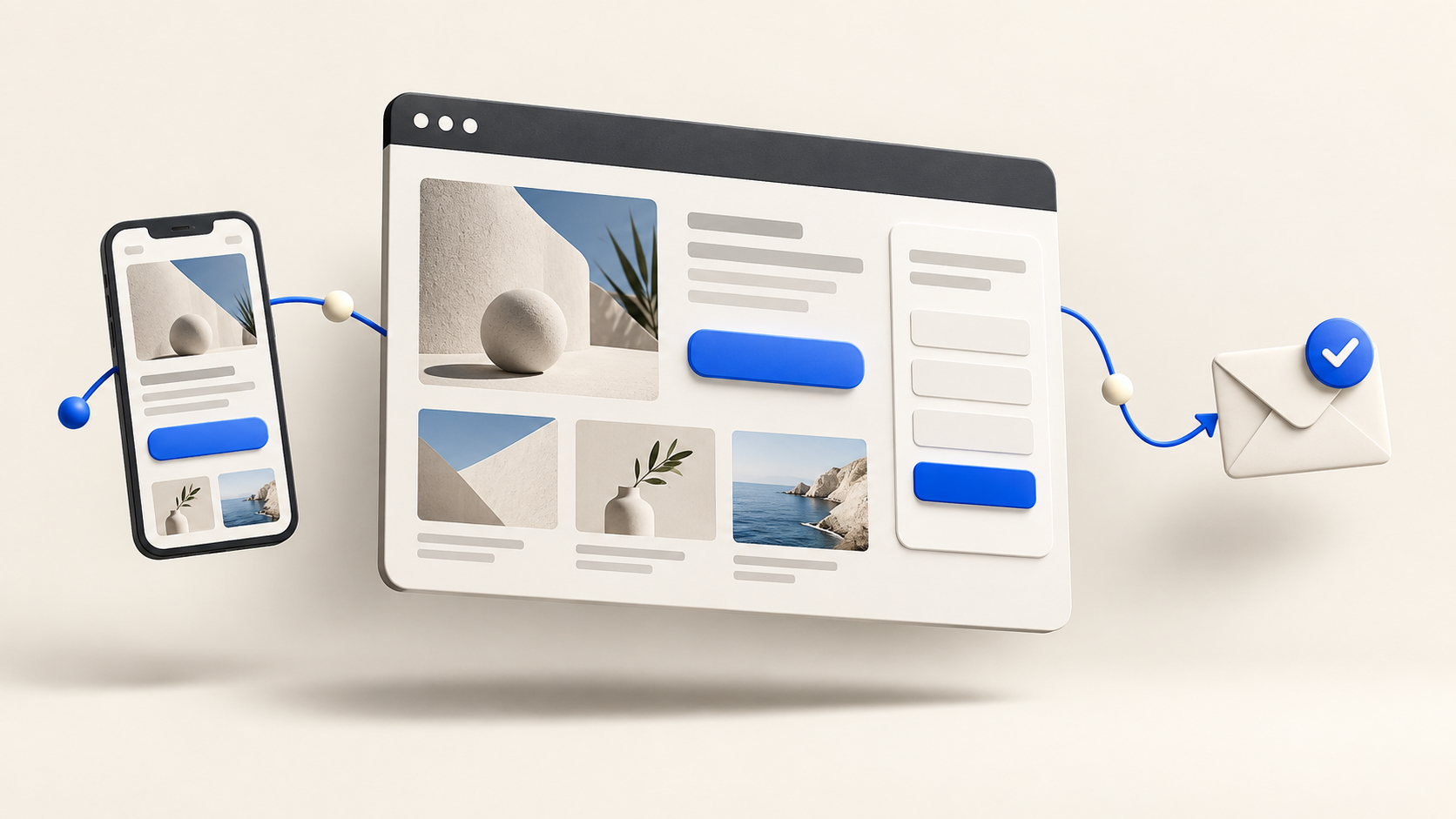 Илюстрация на уебсайт и мобилната му версия с форма за контакт и символ за успешно изпратено запитване.