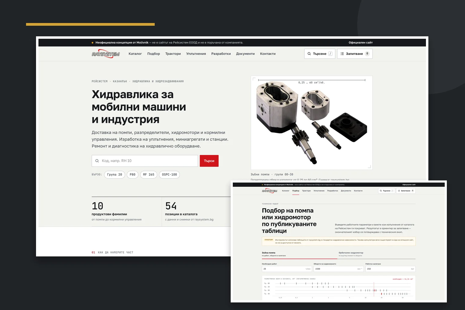 Концепция за сайта на Рейсистем с технически каталог и инструмент за подбор